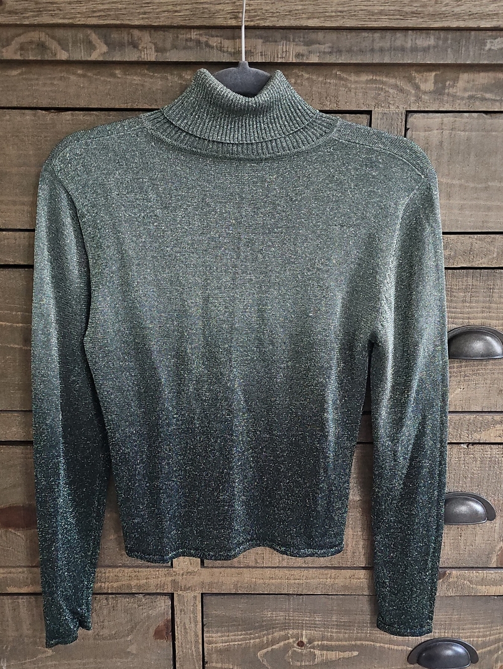 Metallic Lurex Ombre Turtleneck Long Sleeve Knit Sweater Sage Green Black S